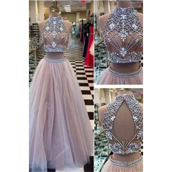 High Collar Two Piece Tulle Evening Dress with Beading A-Line Halter Long Prom Party Gowns