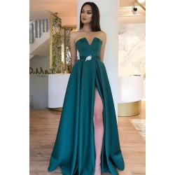 A-line Strapless Backless Floor Length Evening Dress Chic Side Slit Party Dresses