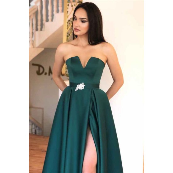 A-line Strapless Backless Floor Length Evening Dress Chic Side Slit Party Dresses