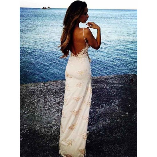 Chic Spaghetti Straps Split Evening Dresses Lace Sheath Summer Party Dress for Beach