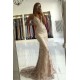 Elegant Spaghetti Strap Champange Court Train V-neck Evening Dress