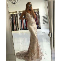 Elegant Spaghetti Strap Champange Court Train V-neck Evening Dress