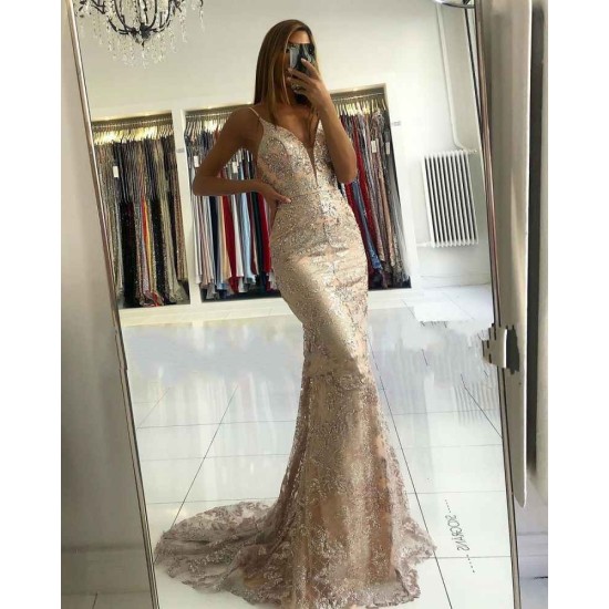Elegant Spaghetti Strap Champange Court Train V-neck Evening Dress