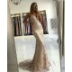 Elegant Spaghetti Strap Champange Court Train V-neck Evening Dress