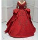 Burgundy Lace Appliques Long Sleevess V-neck Ruffles Ball Gowns Evening Gowns