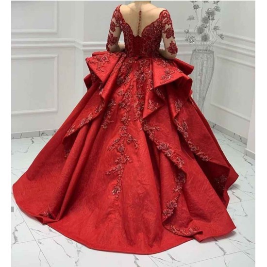 Burgundy Lace Appliques Long Sleevess V-neck Ruffles Ball Gowns Evening Gowns