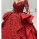 Burgundy Lace Appliques Long Sleevess V-neck Ruffles Ball Gowns Evening Gowns