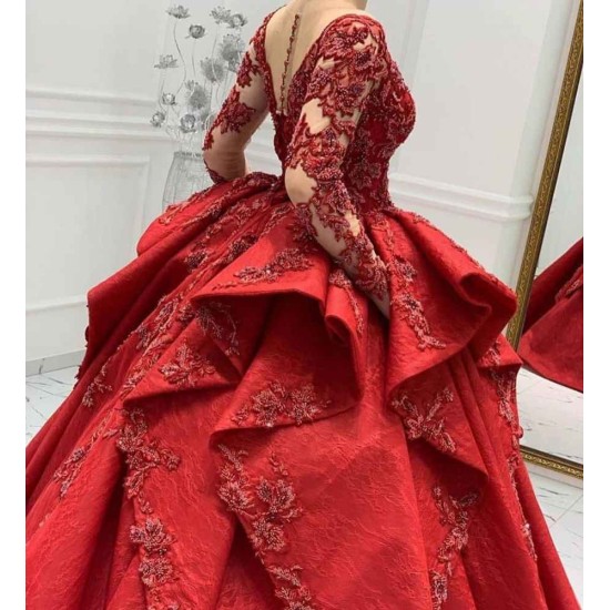 Burgundy Lace Appliques Long Sleevess V-neck Ruffles Ball Gowns Evening Gowns
