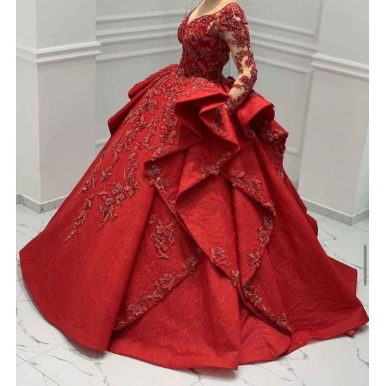 Burgundy Lace Appliques Long Sleevess V-neck Ruffles Ball Gowns Evening Gowns