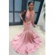 Pink Beads Sequins Chic V-neck Prom Dresses Fit and Flare Long Sleeves Elegant Evening Gowns