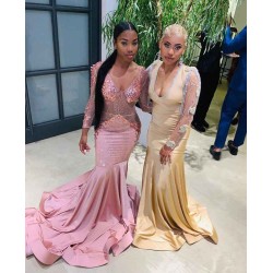 Pink Beads Sequins Chic V-neck Prom Dresses Fit and Flare Long Sleeves Elegant Evening Gowns