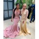 Pink Beads Sequins Chic V-neck Prom Dresses Fit and Flare Long Sleeves Elegant Evening Gowns