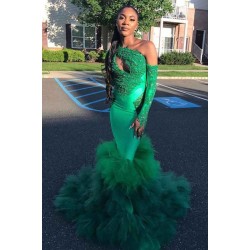 Asymmetric Unique Lace Appliques Prom Dresses Ruffles Mermiad Alluring Evening Gowns