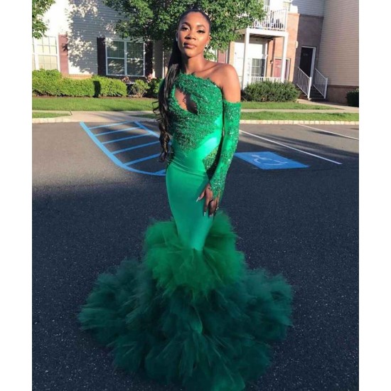 Asymmetric Unique Lace Appliques Prom Dresses Ruffles Mermiad Alluring Evening Gowns