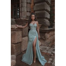 Beautiful Shining Crystal Sweetheart Sleeveless Prom Dresses With Split A Line Evening Gowns