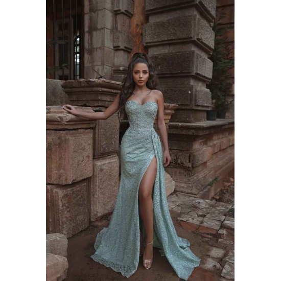 Beautiful Shining Crystal Sweetheart Sleeveless Prom Dresses With Split A Line Evening Gowns