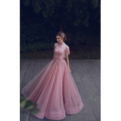 Special High Neck Tassel Beading Cap Sleeves Princess Prom Dresses Blushing Pink Evening Gowns