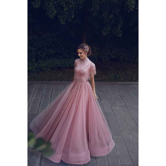 Special High Neck Tassel Beading Cap Sleeves Princess Prom Dresses Blushing Pink Evening Gowns