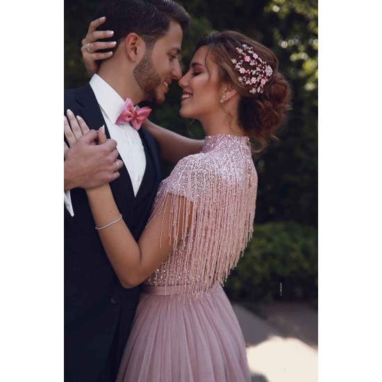 Special High Neck Tassel Beading Cap Sleeves Princess Prom Dresses Blushing Pink Evening Gowns