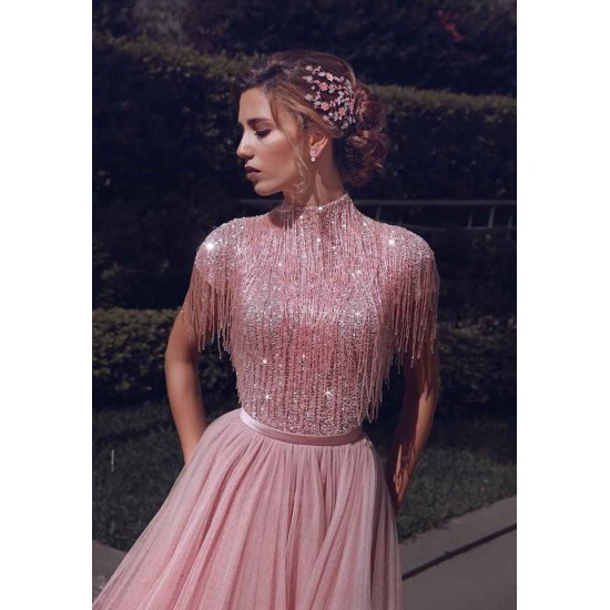 Special High Neck Tassel Beading Cap Sleeves Princess Prom Dresses Blushing Pink Evening Gowns