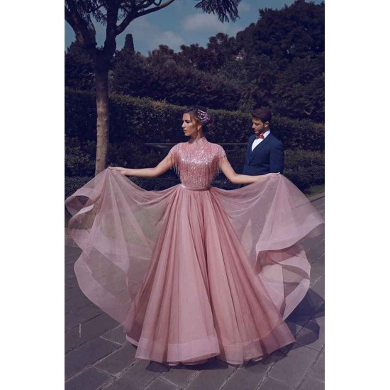 Special High Neck Tassel Beading Cap Sleeves Princess Prom Dresses Blushing Pink Evening Gowns
