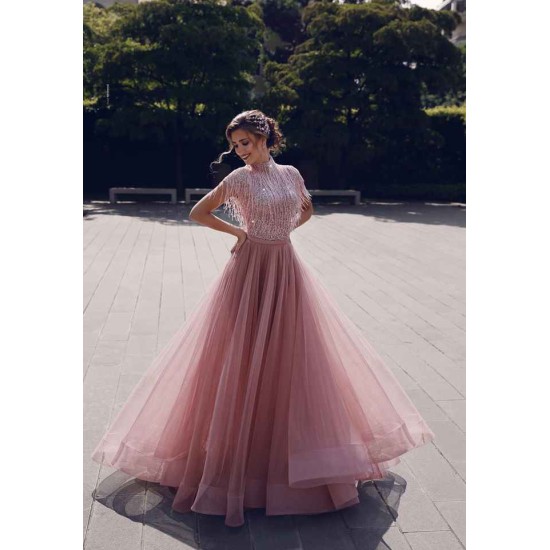 Special High Neck Tassel Beading Cap Sleeves Princess Prom Dresses Blushing Pink Evening Gowns