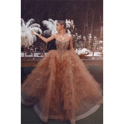 Gorgeous A Line Tube Top Beading Prom Dresses With Pearls Sleeveless Brown Princess Evening Gowns