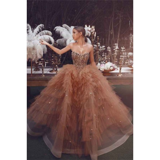 Gorgeous A Line Tube Top Beading Prom Dresses With Pearls Sleeveless Brown Princess Evening Gowns