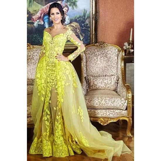 Elegant Lace Long Sleevess Sweetheart Party Dresses With Detachable Skirt Yellow Tulle Evening Gowns
