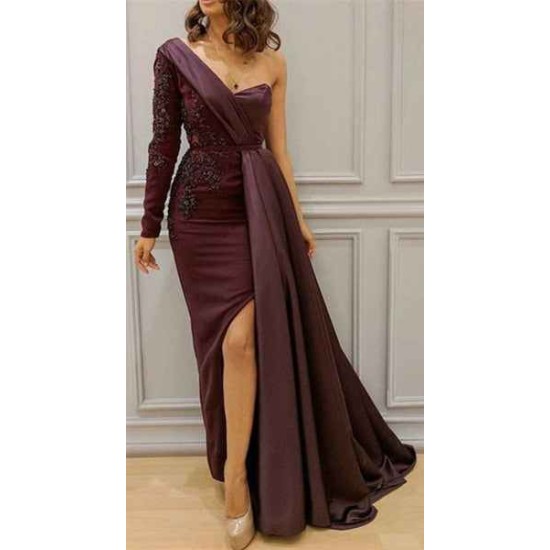 Graceful Asymmetric Splicing One Shoulder Appliques Spandex Satin Party Dresses Floor Length Open Back Evening Gowns With Waist Band