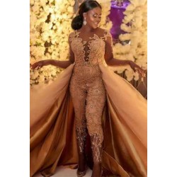 Sheer Long Sleevess Lace Beading Jumpsuit With Long Satin And Tulle Train Prom Dresses Floor Length Evening Gowns