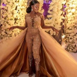 Sheer Long Sleevess Lace Beading Jumpsuit With Long Satin And Tulle Train Prom Dresses Floor Length Evening Gowns
