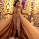 Sheer Long Sleevess Lace Beading Jumpsuit With Long Satin And Tulle Train Prom Dresses Floor Length Evening Gowns