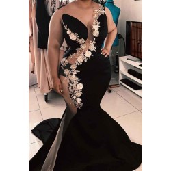 Sleeveless Jewel Sheer Appliques Chic Mermaid Prom Dresses Luxurious Elegant Black Evening Gowns With Chapel Train