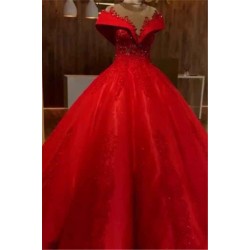 Scarlet Off-the-Shoulder Quinceanera Dresses Lace Crystal Puffy Ball Gown Evening Dress