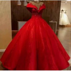 Scarlet Off-the-Shoulder Quinceanera Dresses Lace Crystal Puffy Ball Gown Evening Dress
