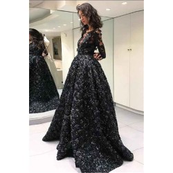 Gorgeous Black Elegant Long Sleevess Evening Dresses On Sale 3D Flowers Chic Open Back Prom Dresses