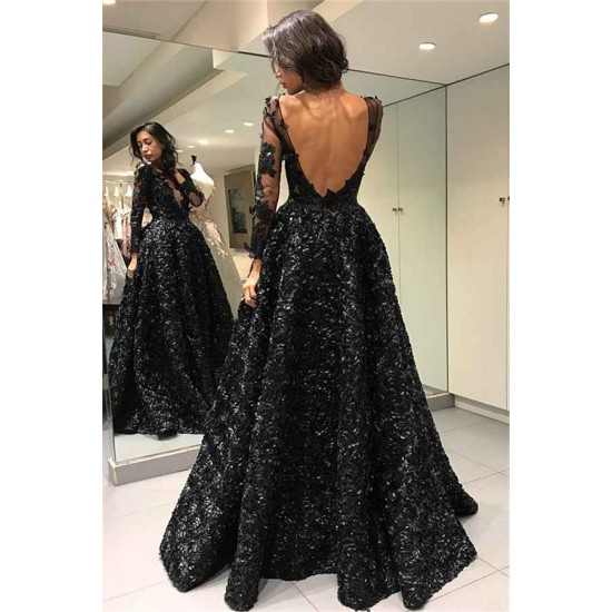 Gorgeous Black Elegant Long Sleevess Evening Dresses On Sale 3D Flowers Chic Open Back Prom Dresses