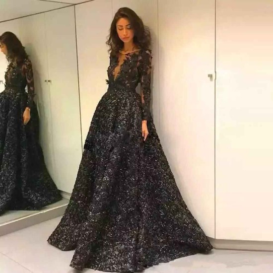 Gorgeous Black Elegant Long Sleevess Evening Dresses On Sale 3D Flowers Chic Open Back Prom Dresses