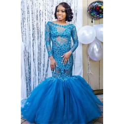 Elegant Blue Long Sleevess Lace Prom Dresses Affordable Wholesale Fit and Flare Open Back Evening Dresses