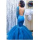 Elegant Blue Long Sleevess Lace Prom Dresses Affordable Wholesale Fit and Flare Open Back Evening Dresses