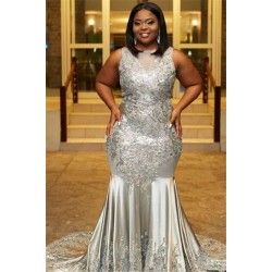 Plus Size Fit and Flare Sleeveless Wholesale Prom Dresses Lace Appliques Evening Dresses On Sale