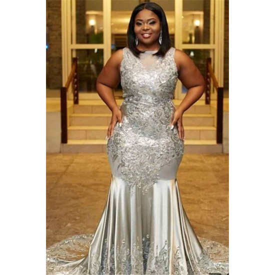 Plus Size Fit and Flare Sleeveless Wholesale Prom Dresses Lace Appliques Evening Dresses On Sale