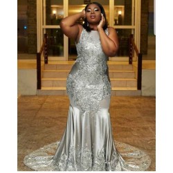 Plus Size Fit and Flare Sleeveless Wholesale Prom Dresses Lace Appliques Evening Dresses On Sale