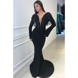 Deep Chic V-neck Open Back Black Prom Dresses Fit and Flare Elegant Long Sleeves Beads Tassels Evening Gown