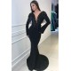 Deep Chic V-neck Open Back Black Prom Dresses Fit and Flare Elegant Long Sleeves Beads Tassels Evening Gown