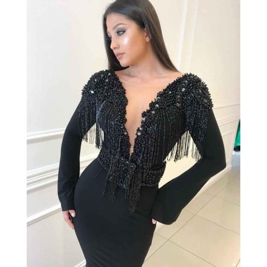 Deep Chic V-neck Open Back Black Prom Dresses Fit and Flare Elegant Long Sleeves Beads Tassels Evening Gown