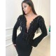 Deep Chic V-neck Open Back Black Prom Dresses Fit and Flare Elegant Long Sleeves Beads Tassels Evening Gown