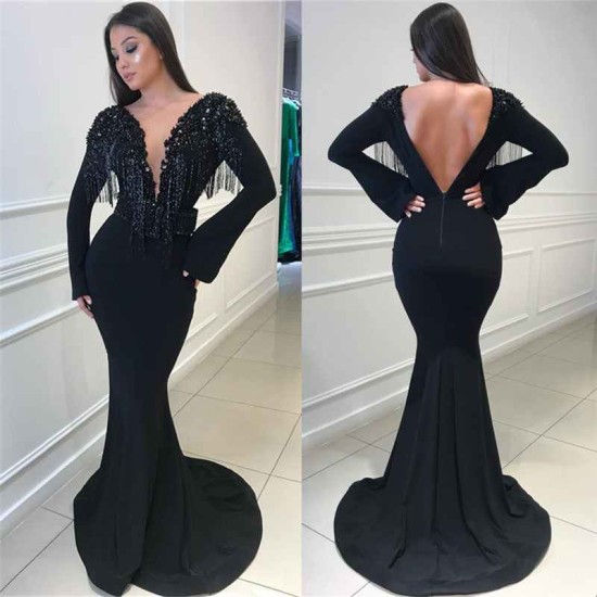 Deep Chic V-neck Open Back Black Prom Dresses Fit and Flare Elegant Long Sleeves Beads Tassels Evening Gown