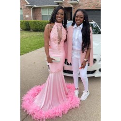 Pink Halter Gold Sequins Prom Dresses Mermaid Feather Evening Dress